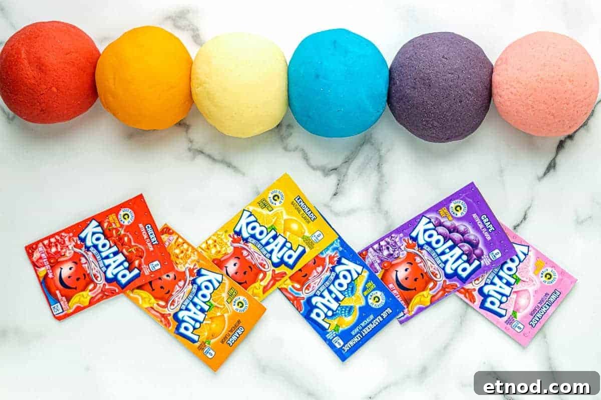 Make Homemade Kool-Aid Play Dough: Bright, Scented Recipe 15 different colors of homemade kool-aid playdough.