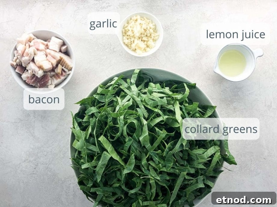 bacon, garlic, lemon juice, and collard greens in bowls