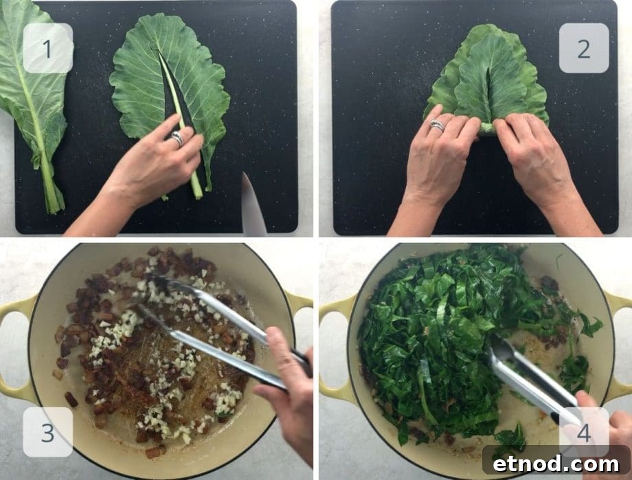 prepping collard greens and cooking bacon, garlic, and greens