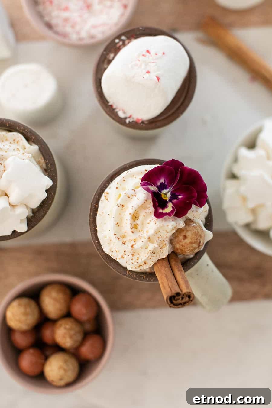 Creamy Homemade Hot Chocolate Recipe for Rich, Cozy Cocoa 4 Hot chocolate with whipped cream and an edible flower.