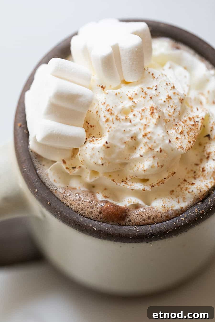 Creamy Homemade Hot Chocolate Recipe for Rich, Cozy Cocoa 7 Hot chocolate topped with whipped cream, nutmeg and marshmallows.
