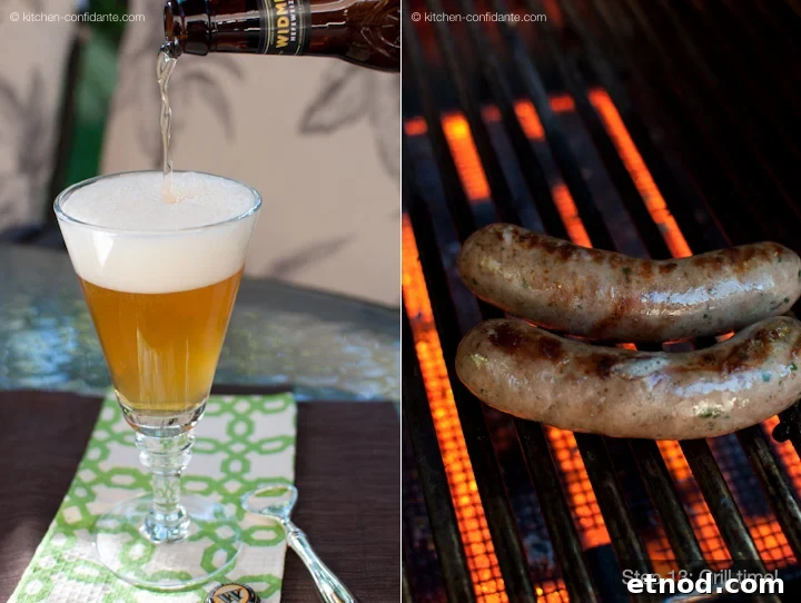 A glass of beer and bratwurst on the grill.