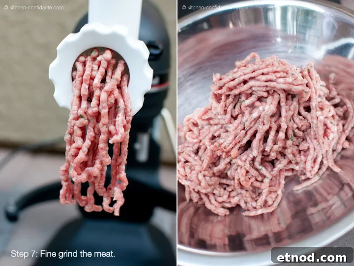 Grinding meat with a sausage grinder.