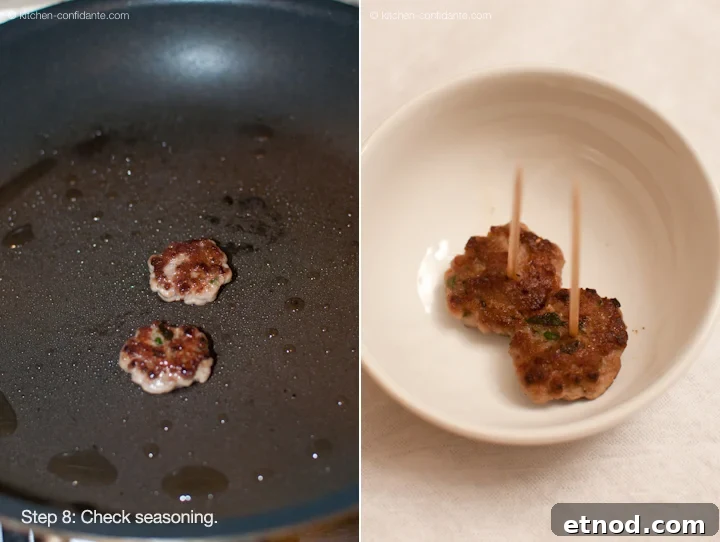 Frying mini sausage patties in a pan to test for flavoring.