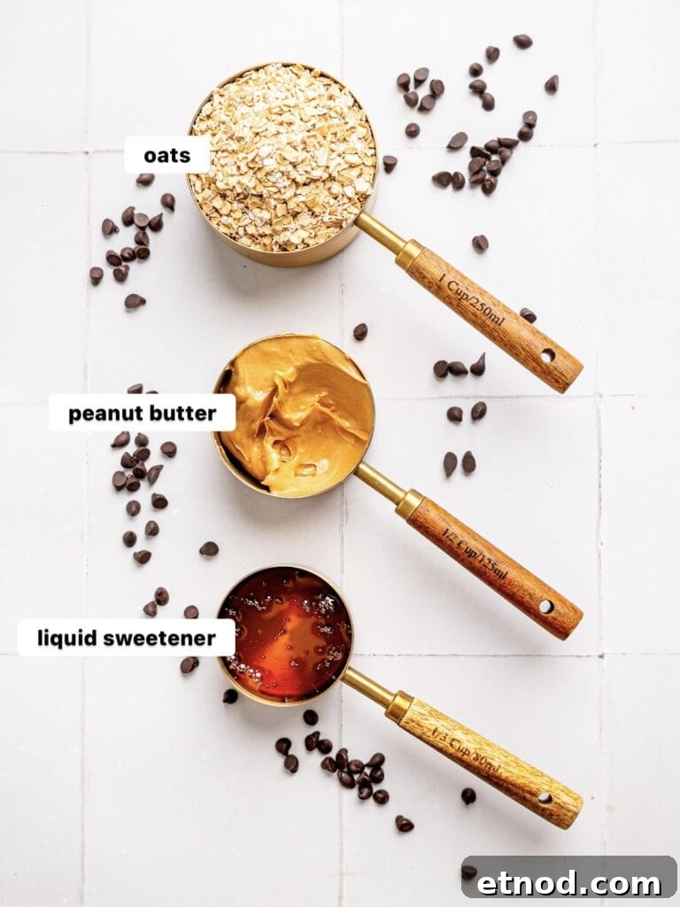 Peanut Butter Oatmeal Balls Ingredients in measuring cups.