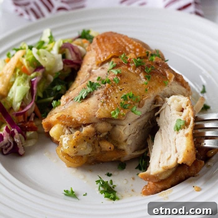 Instant Pot Honey Garlic Chicken (Video Tutorial) 2 honey garlic chicken thigh on plate with piece cut off