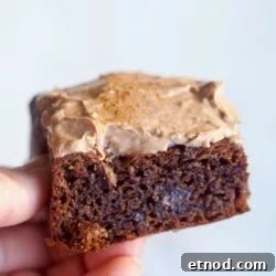 hand holding brownie with chocolate frosting.