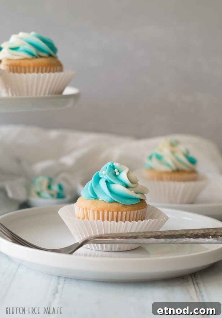 Gluten-Free Vanilla Cupcakes Recipe for Light, Fluffy Results 3 Gluten free vanilla cupcake with blue and white swirled frosting on a white plate