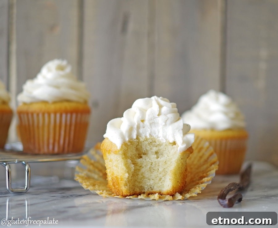 Gluten-Free Vanilla Cupcakes Recipe for Light, Fluffy Results 4 Texture shot of a gluten free vanilla cupcake with a bite taken out showing moist crumb