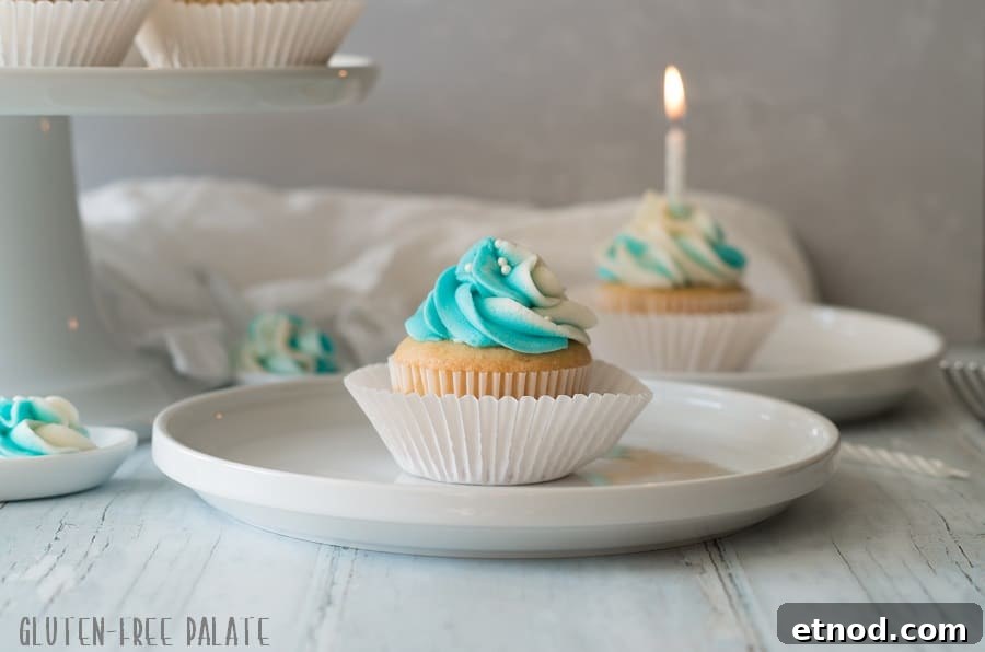 Gluten-Free Vanilla Cupcakes Recipe for Light, Fluffy Results 5 Two gluten free vanilla cupcakes with blue and white frosting on a white table