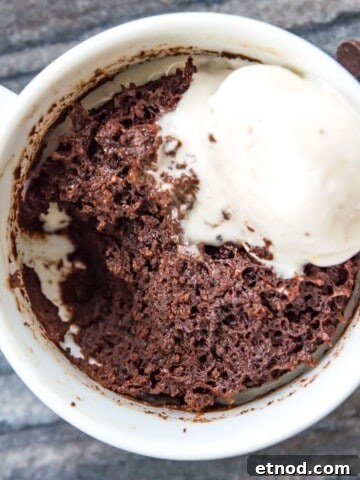 A mug filled a chocolate mug cake topped with vanilla ice cream.