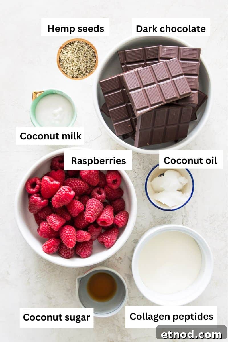 High-Protein Raspberry-Filled Chocolate Truffles 3 The ingredients needed to make raspberry filled chocolates separated into bowls including dark chocolate, fresh raspberries, coconut sugar, and coconut milk.