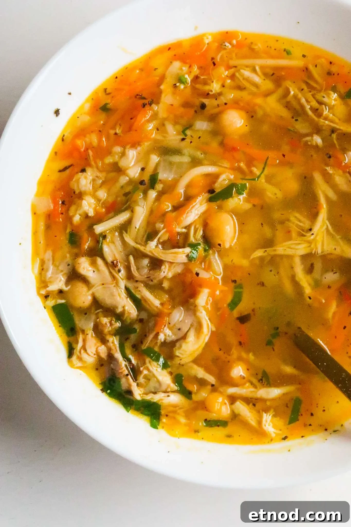 Protein-Packed Chickpea and Chicken Soup Recipe 2 Nothing more comforting than a bowl of hearty homemade chicken soup! This is a delicious protein-packed easy healthy chicken soup recipe made with chickpeas, vegetables and noodles. This healthy soup recipe is ready in about 45 minutes from start to finish.