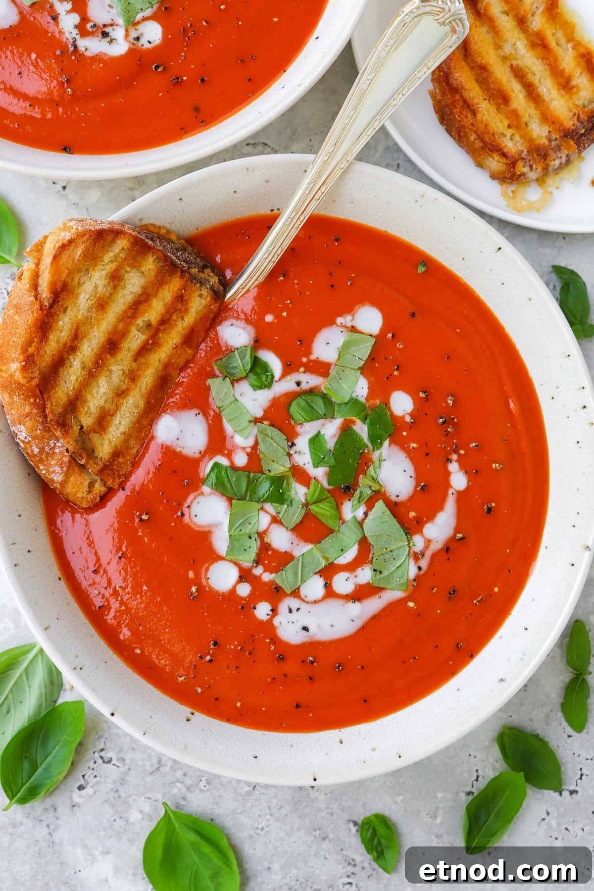 Creamy Dairy-Free Tomato Soup Recipe — Vegan Comfort Bowl 3 Tomato soup in a bowl with grilled cheese toast dunked in.