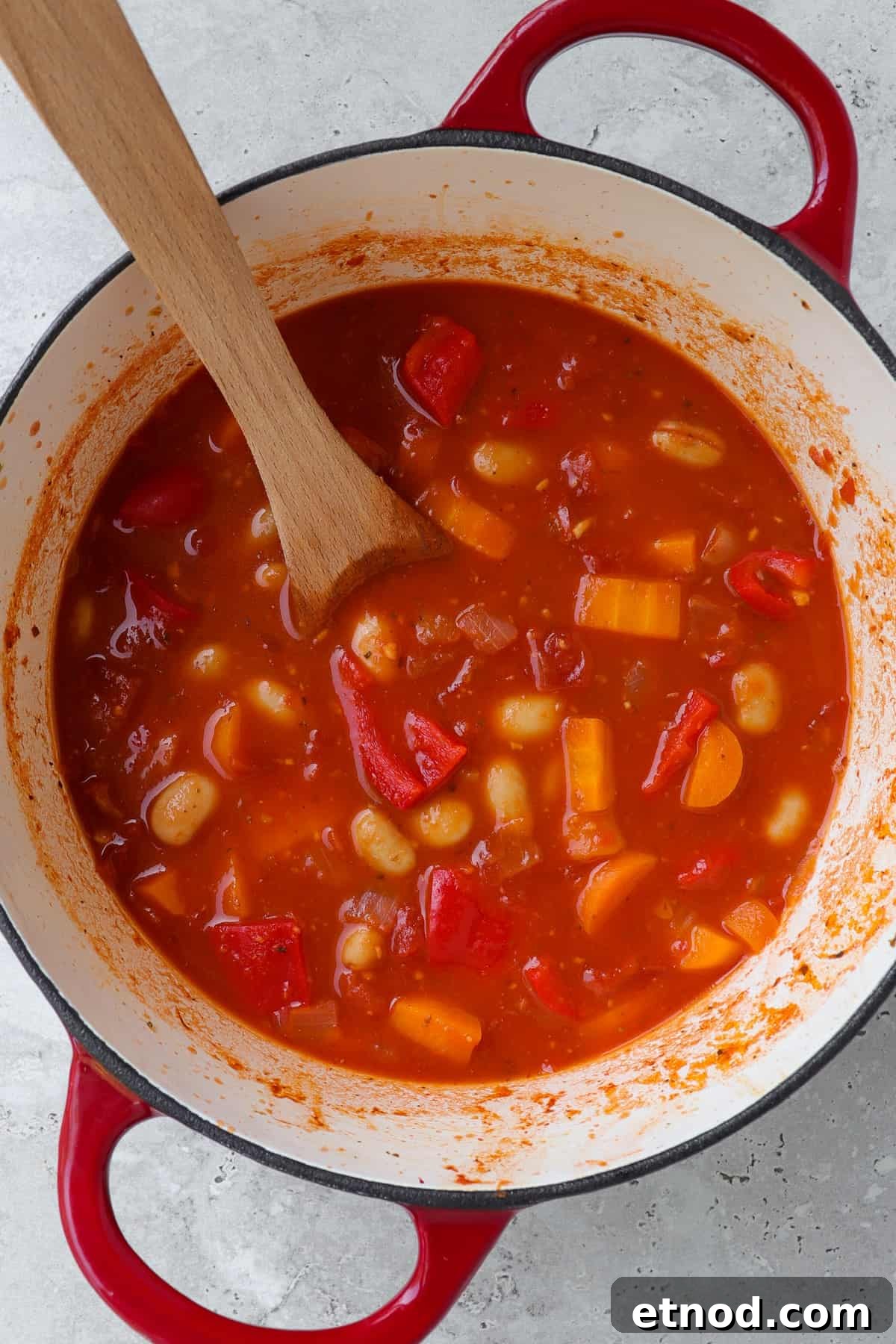 Creamy Dairy-Free Tomato Soup Recipe — Vegan Comfort Bowl 5 Cooked tomato soup in a pot before being blended.