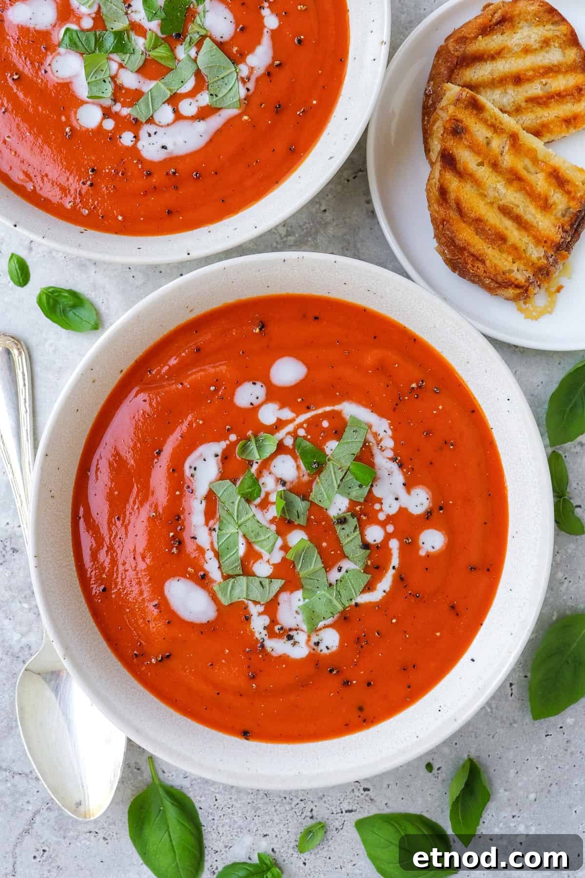 Creamy Dairy-Free Tomato Soup Recipe — Vegan Comfort Bowl 6 Two bowls of tomato soup with shredded basil leaves and coconut cream drizzled on top.