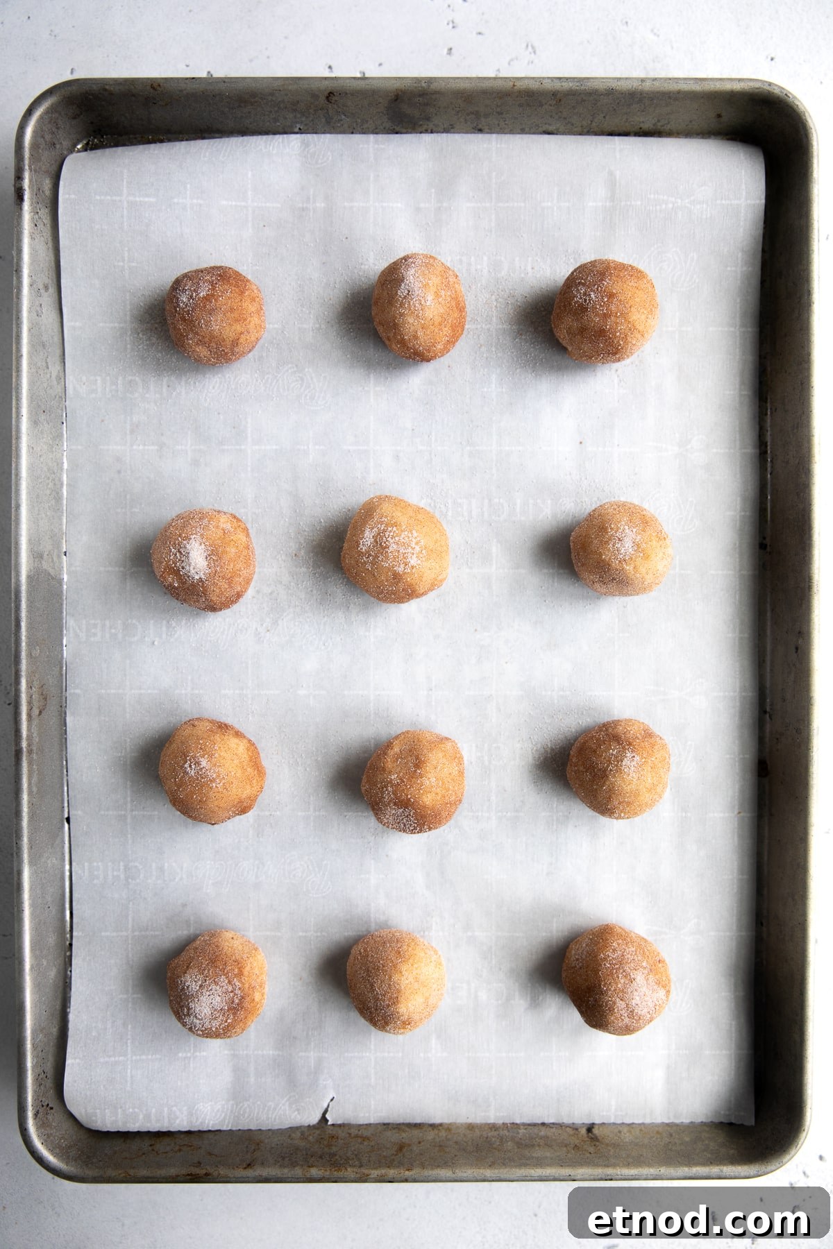 Classic Snickerdoodle Cookie Recipe: Soft Cinnamon Sugar Cookies 4 Baking sheet with 12 ball of cookie dough