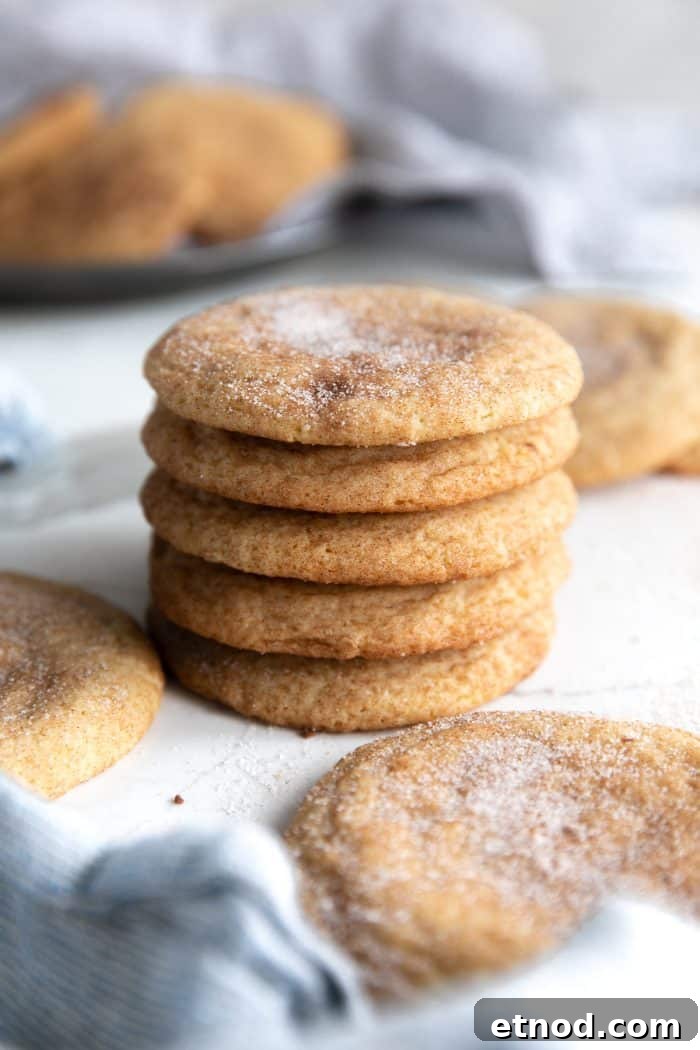 Classic Snickerdoodle Cookie Recipe: Soft Cinnamon Sugar Cookies 8 Stack of five snickerdoodle cookies.