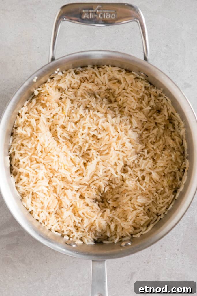 pot of long grain cooked rice