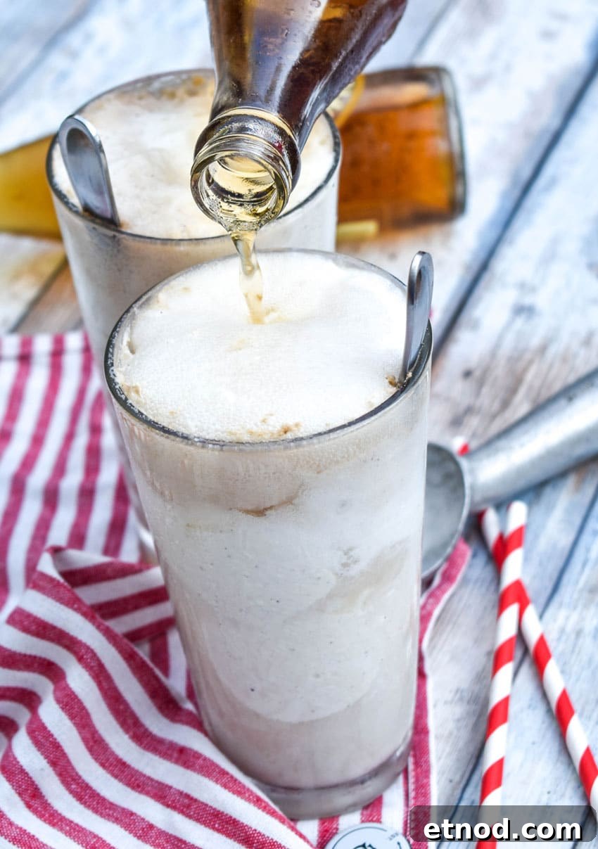 Cream Soda Float Recipe: Refreshing Homemade Ice Cream Soda 4 a cream soda being poured over ice cream in a tall glass