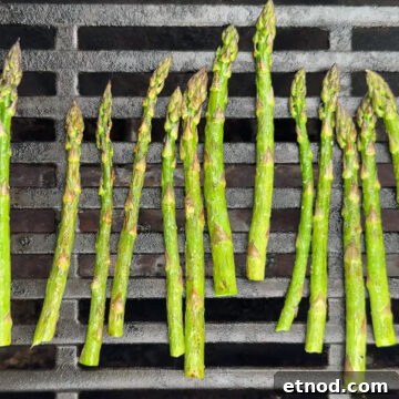 Grilled Asparagus Without Foil: Simple, Crispy Recipe Under 20 Minutes 11 Several spears of asparagus are arranged in a row on a grill, showing grill marks and varying degrees of charring on the vegetables.