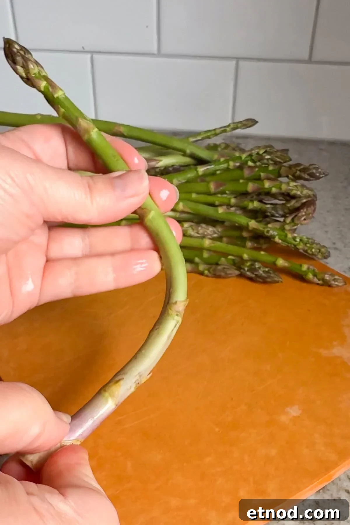 Grilled Asparagus Without Foil: Simple, Crispy Recipe Under 20 Minutes 3 A hand holds a stalk of asparagus above a cutting board, bending it. More asparagus stalks are stacked in the background on a kitchen counter with a white tile backsplash.