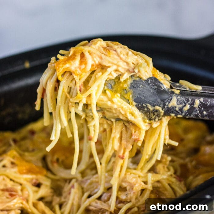 10 Simple Dishes You Can Make with a Can of Soup 15 Tongs holding serving of pasta over slow cooker.