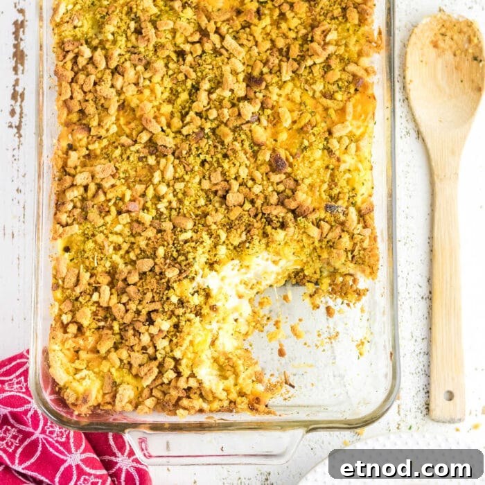 10 Simple Dishes You Can Make with a Can of Soup 18 Overhead view of squash casserole with a serving removed to show the creamy interior.