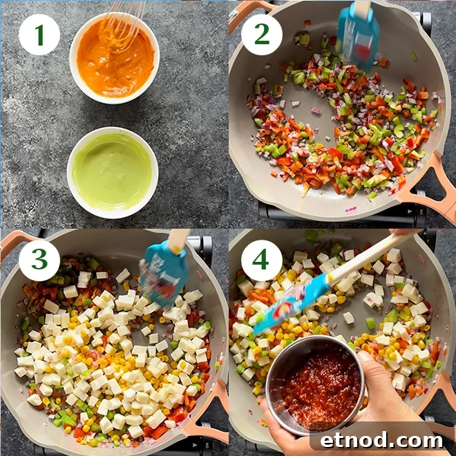 step by step picture collage of making schezwan paneer sliders