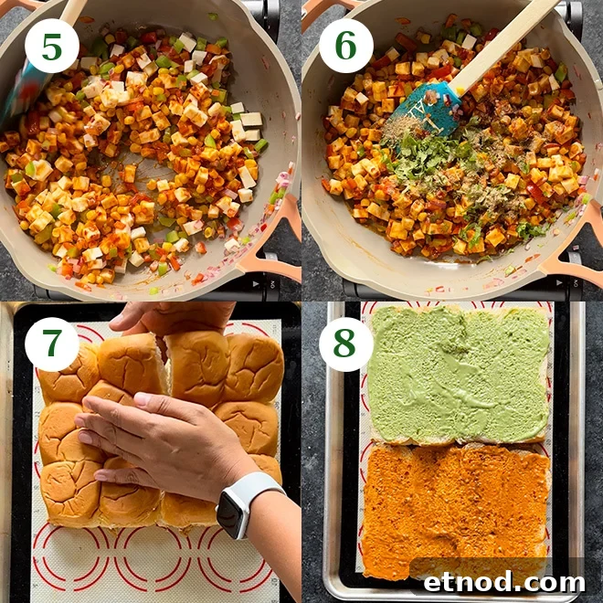 step by step picture collage of making schezwan paneer sliders
