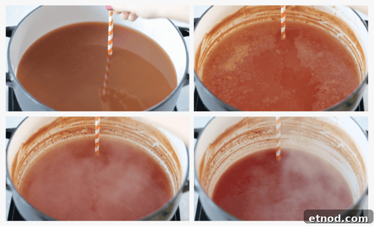 Boiled Apple Cider Syrup: Step-by-Step Recipe with Video 12 boiled cider in dutch oven at different stages