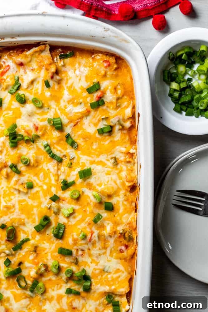 Creamy King Ranch Chicken Casserole Recipe for Family Dinners 2 Casserole in a white dish on a light counter.