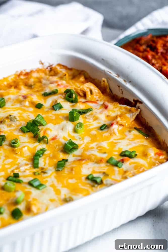 Creamy King Ranch Chicken Casserole Recipe for Family Dinners 3 Angle shot of king ranch casserole in white baking dish with salsa bowl in background.