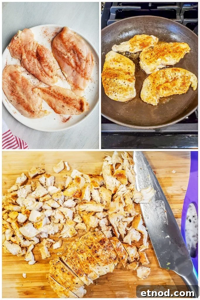 Creamy King Ranch Chicken Casserole Recipe for Family Dinners 4 Prep image collage showing chicken being seasoned, cooked then chopped.