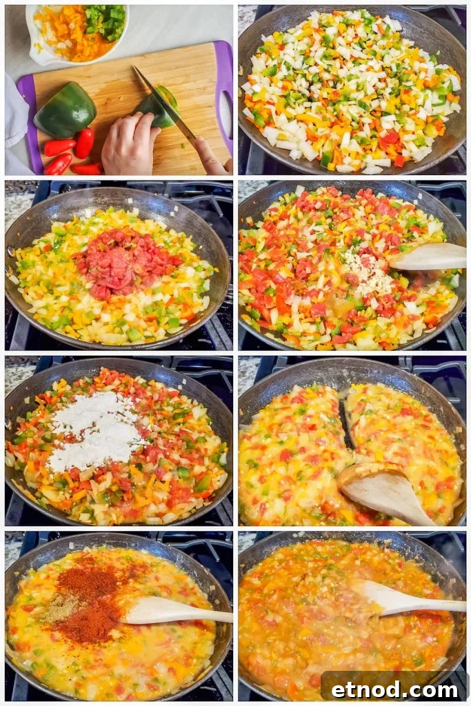 Creamy King Ranch Chicken Casserole Recipe for Family Dinners 5 Prep image collage showing veggies being prepped and then gravy being made in black skillet.