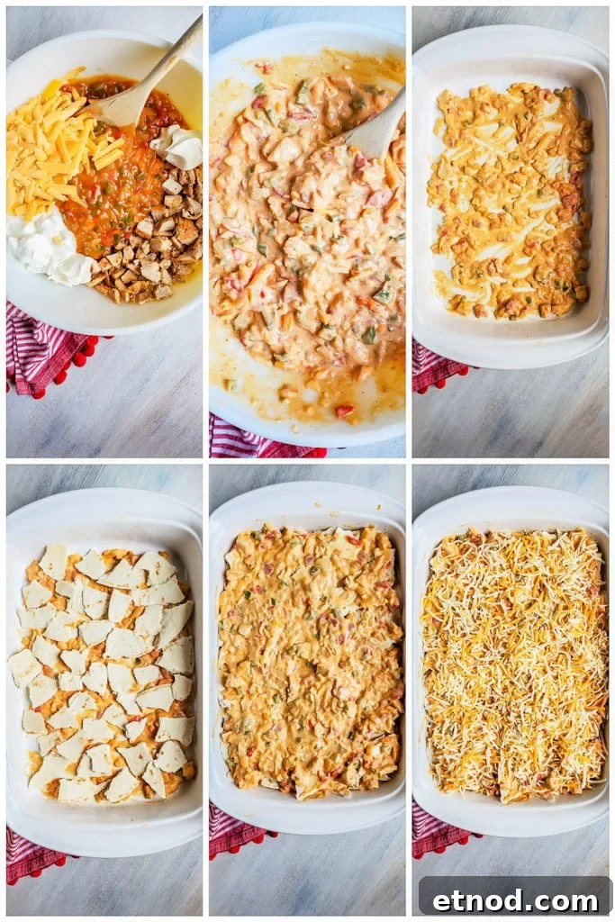 Creamy King Ranch Chicken Casserole Recipe for Family Dinners 6 Prep image collage showing filling being made and being layered.