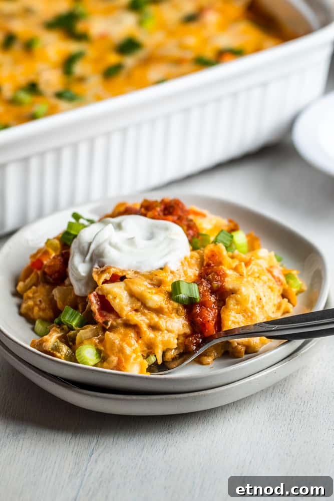 Creamy King Ranch Chicken Casserole Recipe for Family Dinners 8 Slice of ranch casserole on a white plate with dish in the background.