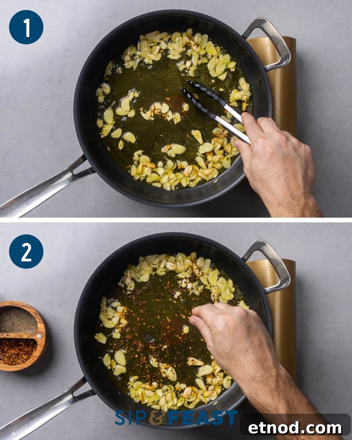 Linguine aglio e olio recipe process shot collage group one showing sauteing of garlic and adding hot red pepper flakes to the pan.