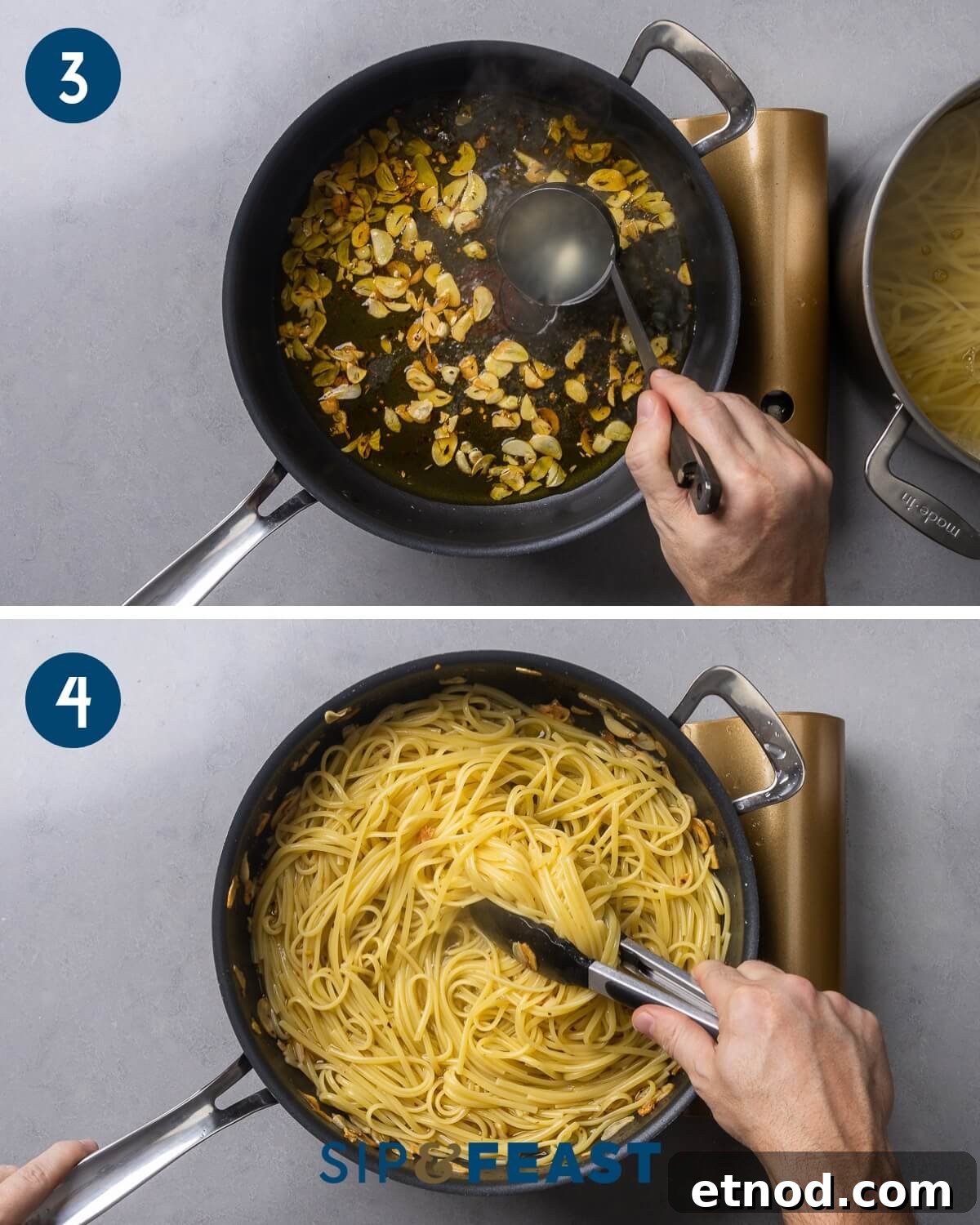 Recipe collage group two showing adding a ladle of pasta water to the golden garlic and tossing the pasta in the pan.