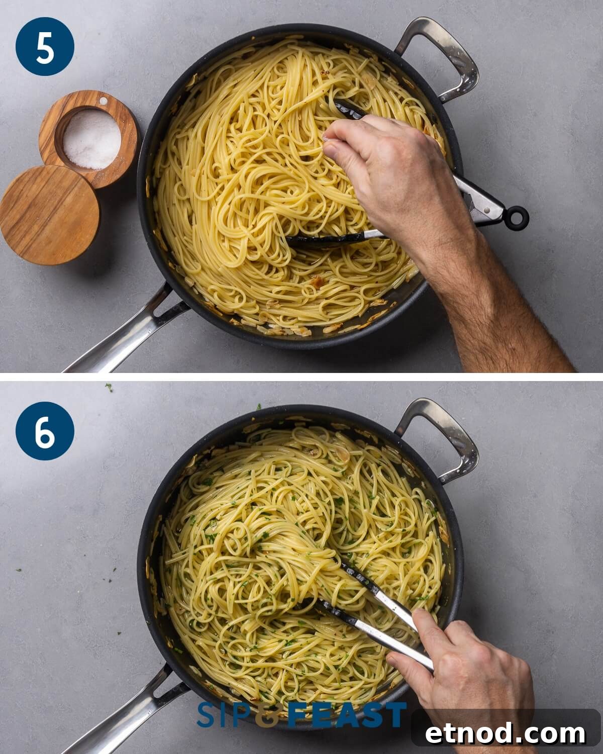 Recipe collage group three showing seasoning with salt and pepper and finishing with olive oil and parsley.