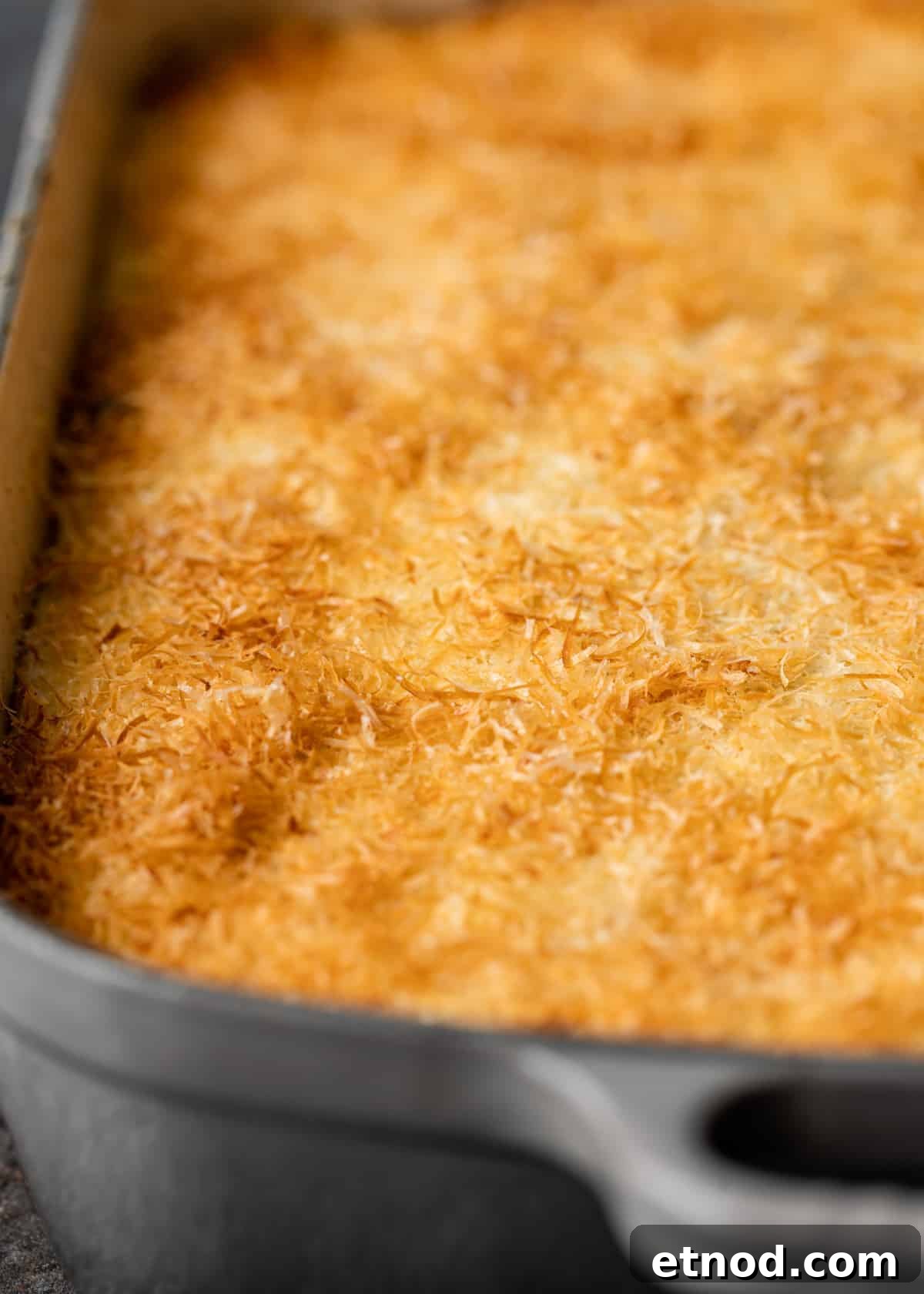 Authentic Greek Pastitsio Recipe: Classic Baked Pasta with Bechamel 14 closeup: golden brown kefalotyri cheese on top of my pastitsio recipe after baking