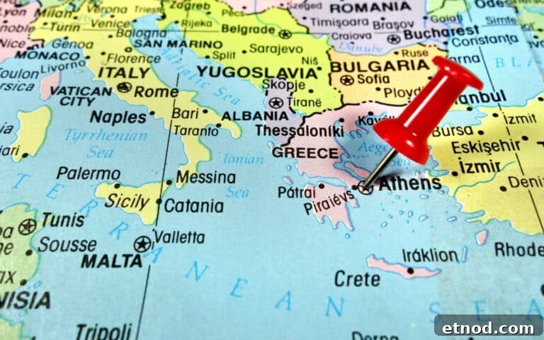 Authentic Greek Pastitsio Recipe: Classic Baked Pasta with Bechamel 3 red pin marks Athens on map of Greece