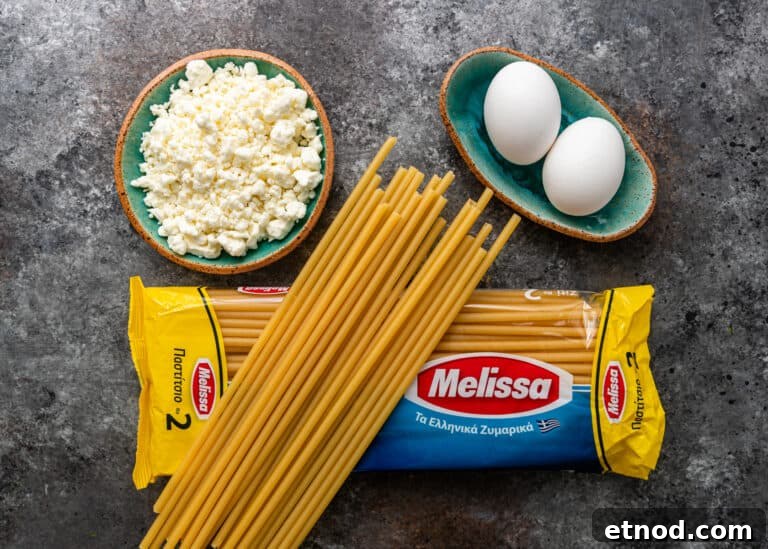 Authentic Greek Pastitsio Recipe: Classic Baked Pasta with Bechamel 9 overhead: 2 whole eggs, small plate of kefalotyri cheese and package of bucatini pasta