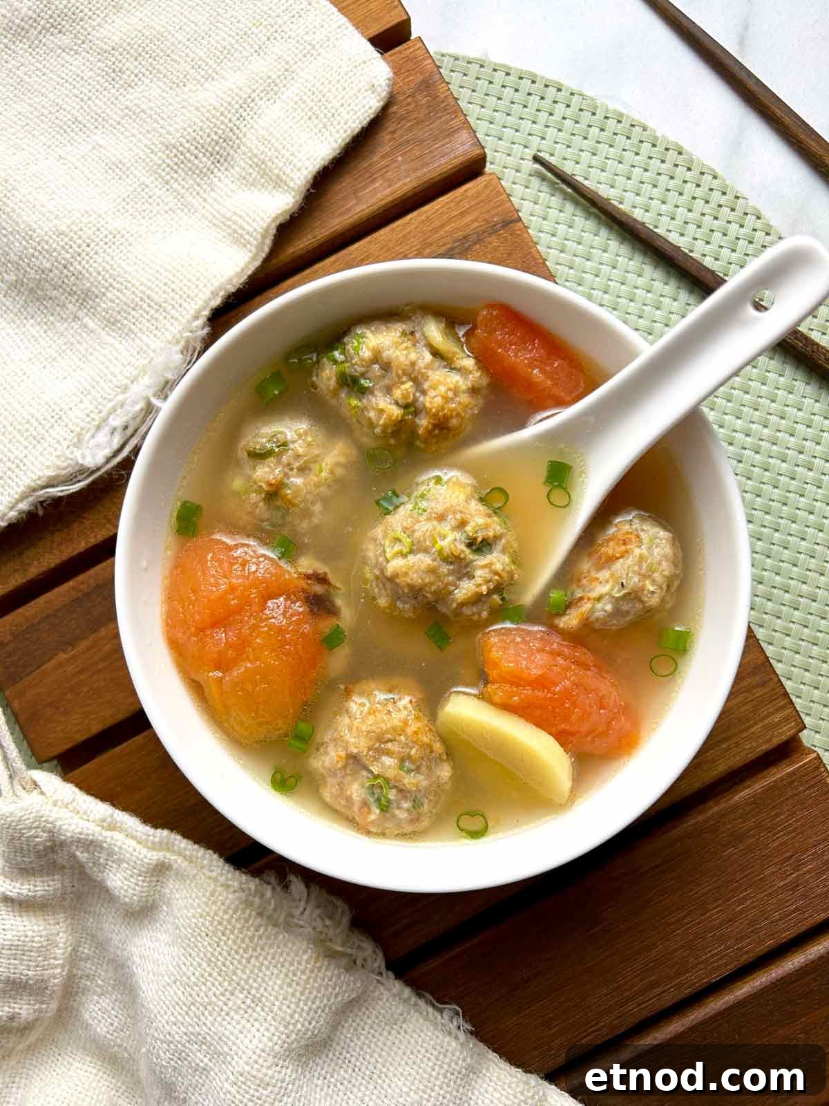 overhead shot of Chinese chicken meatball soup