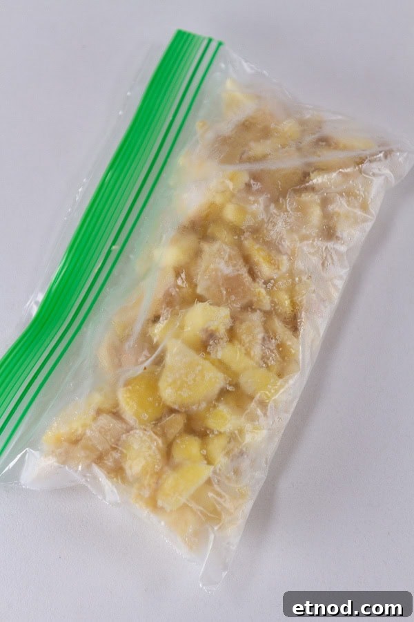chopped fresh ginger in a small ziplock bag that has been frozen.