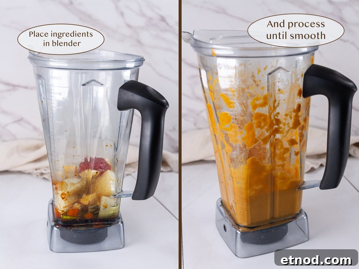 ingredients in blender on left and after being processed on right.