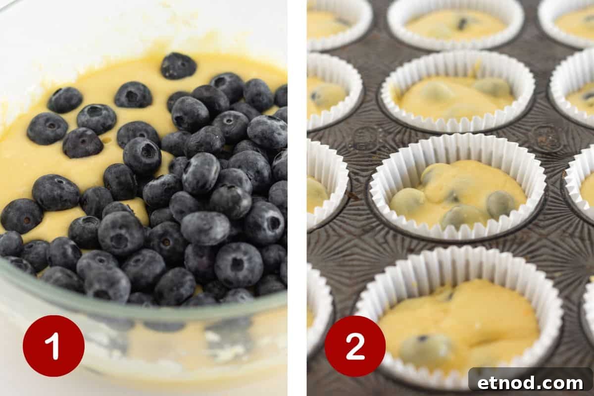 Quick Blueberry Muffins from Cake Mix — Moist & Tender Recipe 4 Making the blueberry muffin batter and filling the muffin cups.