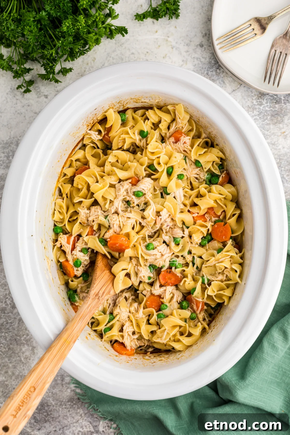 Creamy Slow Cooker Chicken and Noodles Recipe 2 chicken and noodles done cooking in a slow cooker.