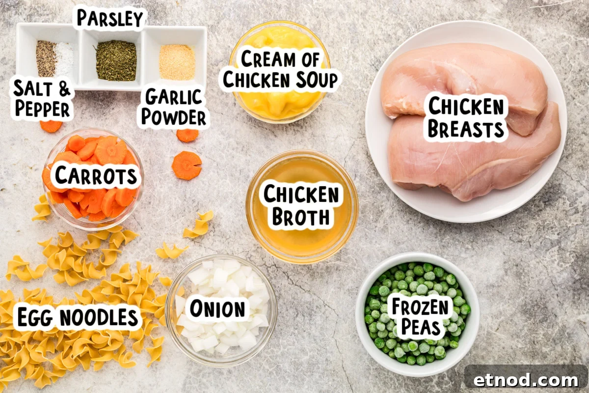 Creamy Slow Cooker Chicken and Noodles Recipe 3 Ingredients for chicken and noodles on a table.