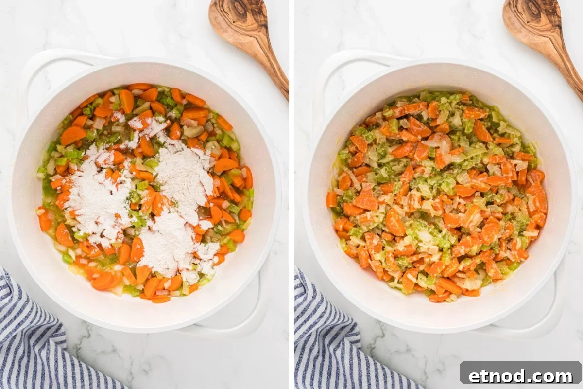 Creamy Homemade Chicken Noodle Soup Recipe for Comforting Dinner 5 flour added to veggies and mixed in.